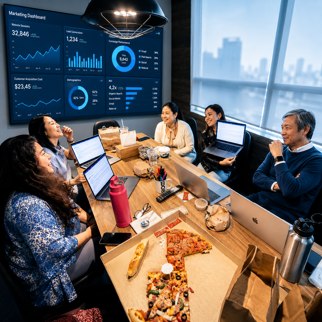 Team collaborating around dashboards